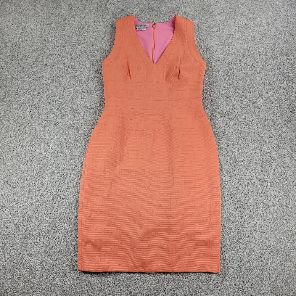 Kay Unger Sheath Dress Womens 4 Orange Raised Muted Polka Dots V Neck